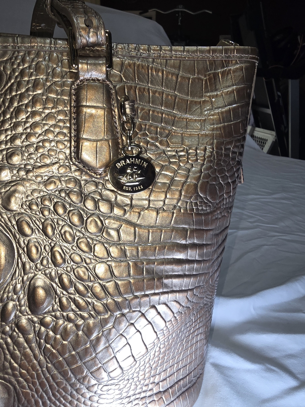 Brahmin Metallic Bronze Gold Croc Embossed Leather Large Tote Bag Tassel Charm - Picture 4 of 12